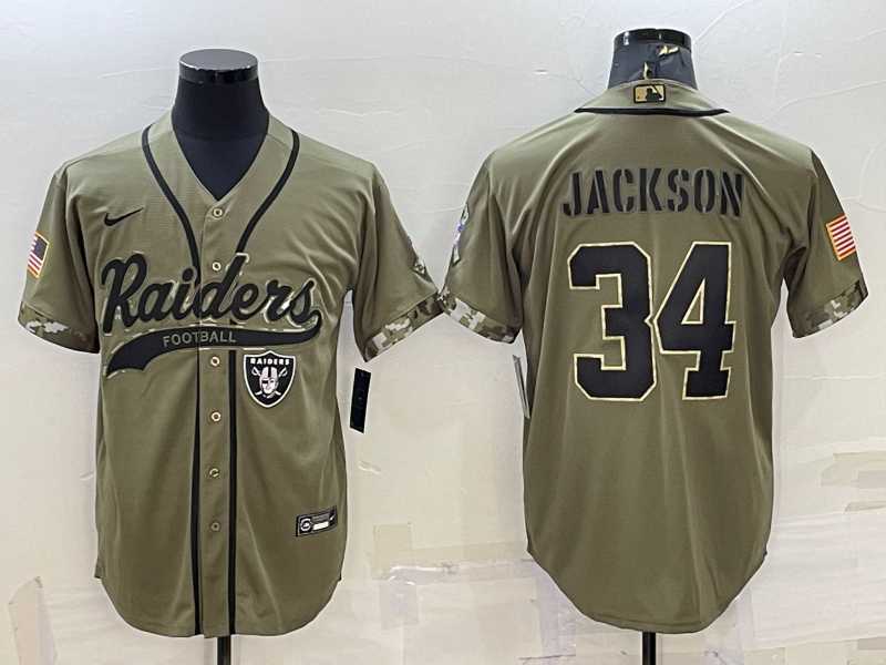 Mens Las Vegas Raiders #34 Bo Jackson 2022 Olive Salute to Service Cool Base Stitched Baseball Jersey->las vegas raiders->NFL Jersey